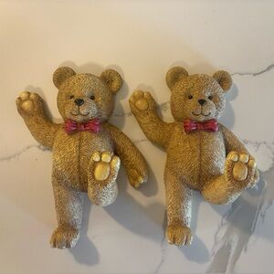 Adorable Vintage Brown Teddy Bear Wall Hooks with Red Bows